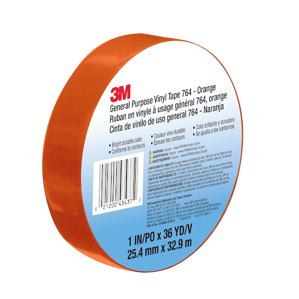 3M Vinyl Tape, 5.0 Mil, 1"x36 yds, Orange, PK36 T965764N - main